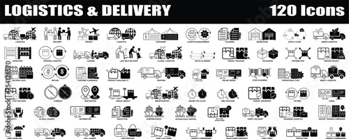 Logistics and Delivery black & white icon set. Editable Set of 120 Delivery and Logistics web icons in line and fill style. High quality business icon set of Logistics