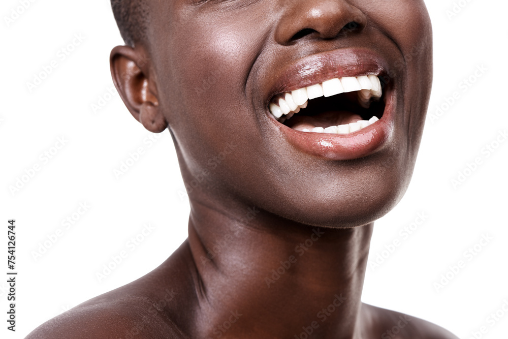Mouth of black woman, happy or laughing with beauty, cosmetics or healthy skin for shine in studio. Funny, closeup or African girl model with lip gloss, smile or skincare results on white background - obrazy, fototapety, plakaty 