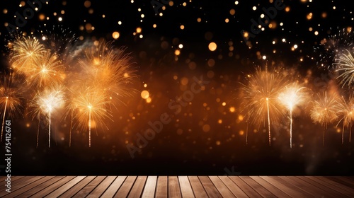 Golden Fireworks Display with Empty Wooden Stage