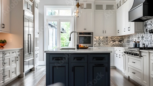 Elegant Kitchen with Navy Island and Chic Lighting, To provide a visually appealing and high-quality image of a classic kitchen for use in home decor