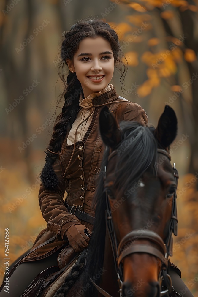 A young Asian woman rides her horse in the woods