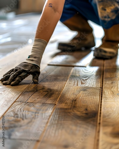 A young woman woodworker carpenter joiner works on new flooring