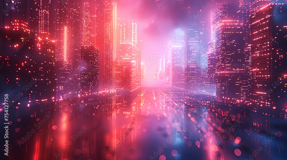 Blurred neon lights background. Neon city lights in bokeh style. Futuristic backdrop.