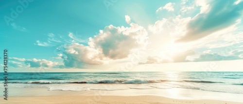 Panoramic Serene Beach with Golden Sunset Sky