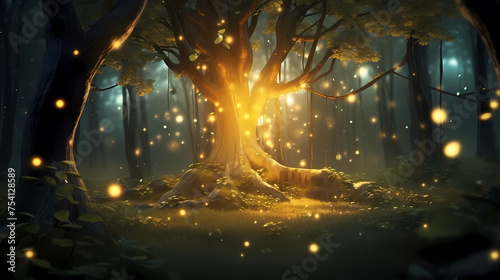 A magical and mysterious atmosphere like a fairy tale  the leaves are bathed in a dreamy light