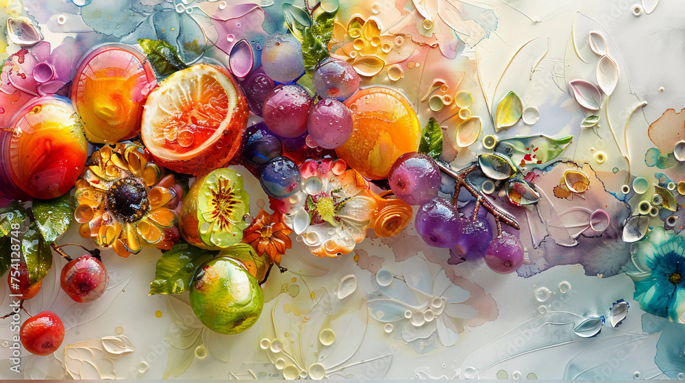 Fruits Watercolor abstract background, 3D fruits decorative painted artificial surface, Kitchen decorative photo, Generative AI.	