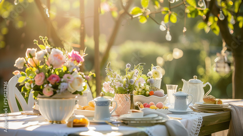 An elegant Mother's Day brunch table set outdoors, beautifully decorated with spring flowers.