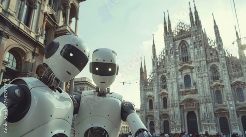 Two robots taking a selfie in front of Milan Cathedral Parole,italy.