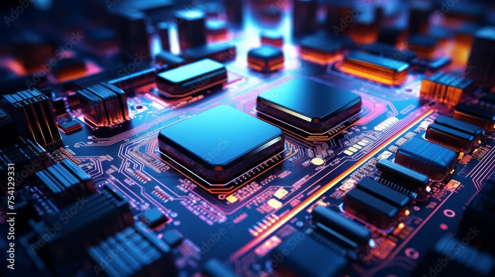 Close-up of a futuristic circuit board, neon lights, high-tech feel