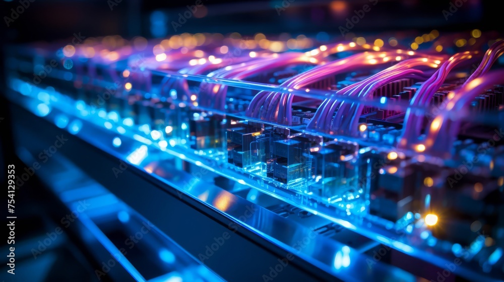 Close-up of a network server with blinking lights, illustrating high-speed internet infrastructure Close-up of a network server with blinking lights, illustrating high-speed internet infrastructure