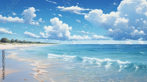 Clear sea waves gently lapping on a beach, under a bright sky