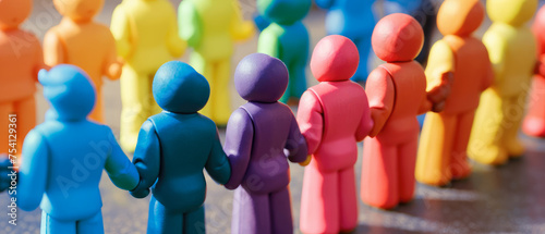 Bright, colorful figurines hold hands in unity, representing diverse community. Each color signifies unique identity, showcasing harmony in diversity. concept of inclusivity