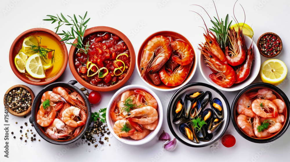 Assorted Bowls of Food With a Variety of Seafood Options Assorted Bowls of Food With a Variety of Seafood Options