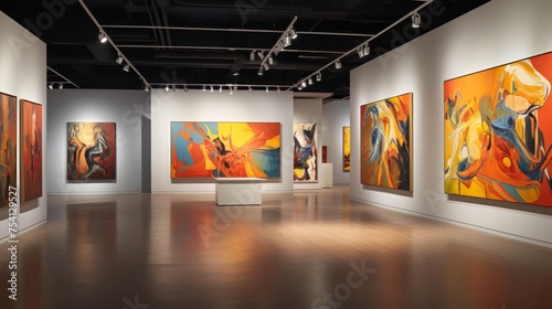 Contemporary art gallery with abstract paintings, cultural immersion