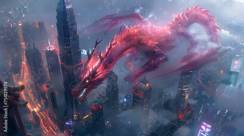 Majestic red dragon soaring above futuristic cityscape, with glowing buildings under a dusky sky.