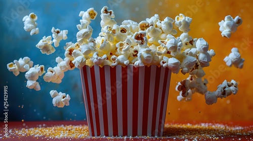A vibrant still life capturing popcorn mid-air from a classic red and white striped box against a vividly colored backdrop