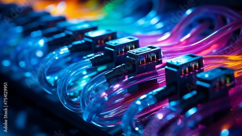 High-speed internet cables connected to a network device, technology close-up