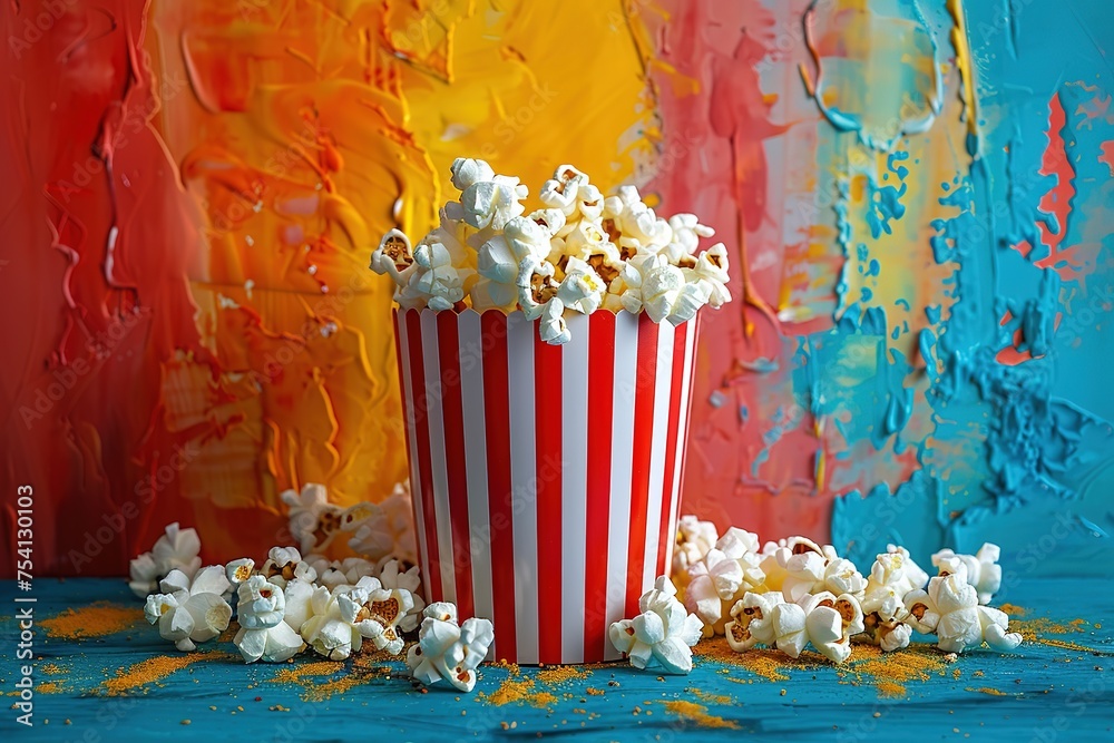A vibrant still life capturing popcorn mid-air from a classic red and white striped box against a vividly colored backdrop
