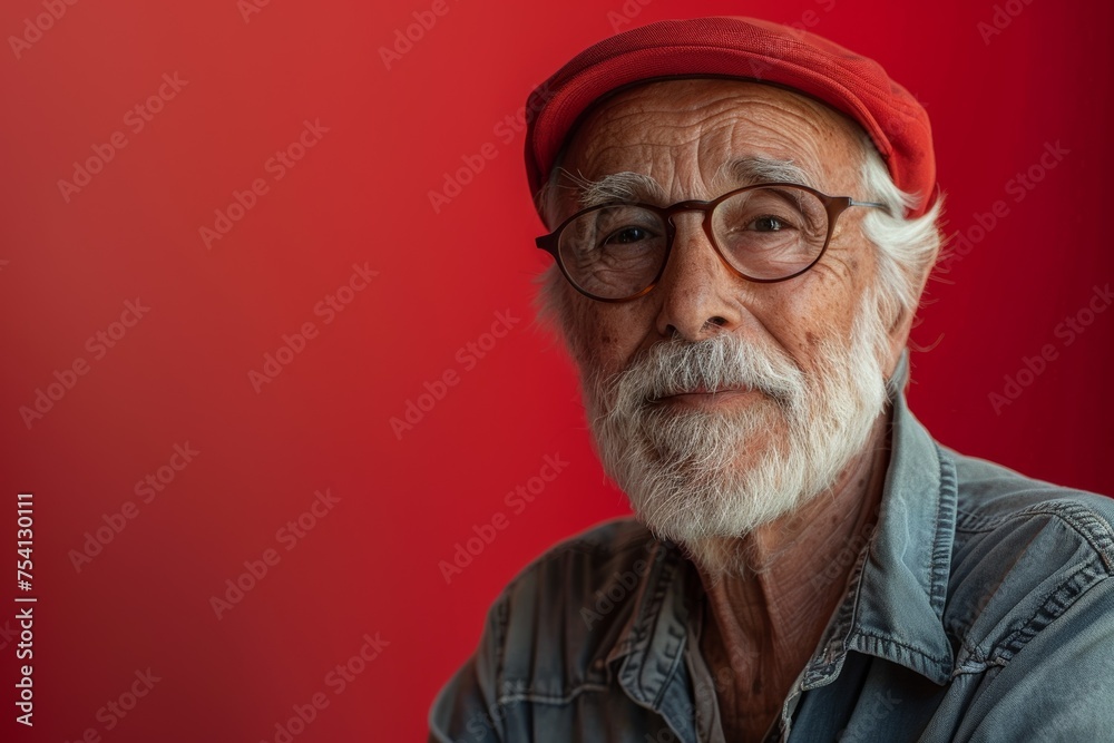 Positive Senior in Casuals on Red Background Positive Senior in Casuals on Red Background