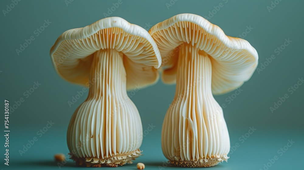 Two white mushrooms with detailed gills, isolated on a bright background ai generative Two white mushrooms with detailed gills, isolated on a bright background ai generative
