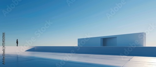 Solitary Person Against Minimalist Blue Architectural Backdrop