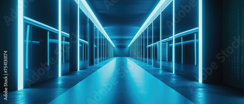Futuristic Corridor with Neon Blue Lighting