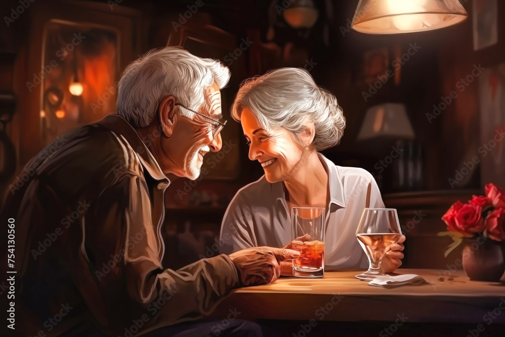 Elderly Man and Woman Enjoying Drinks Together at a Table