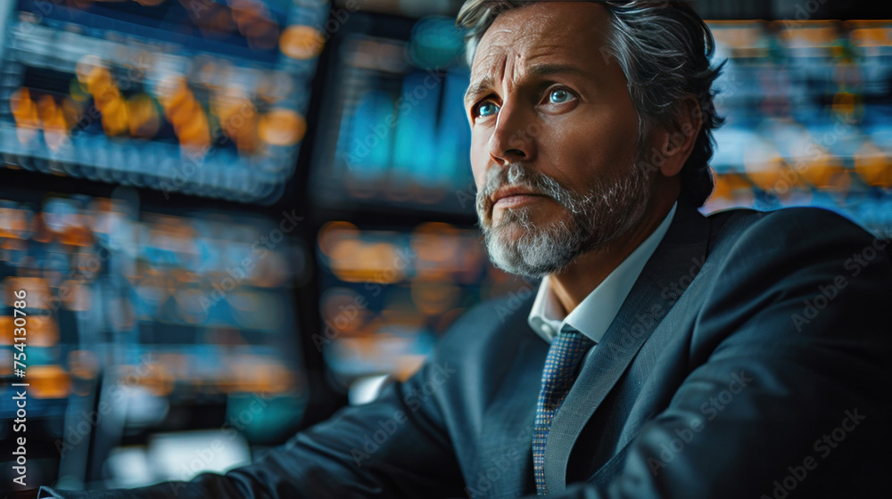 A middle aged businessman in suit in stock market screens. A middle aged businessman in suit in stock market screens.