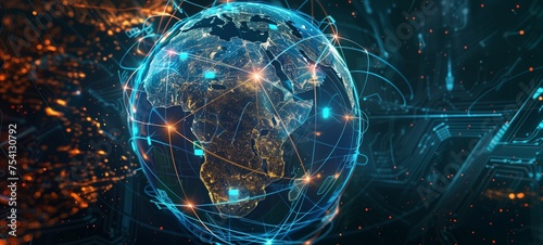 Digital representation of the Earth with a focus on Africa, showcasing global connectivity and data exchange. The globe is enveloped in vibrant network lines and light points