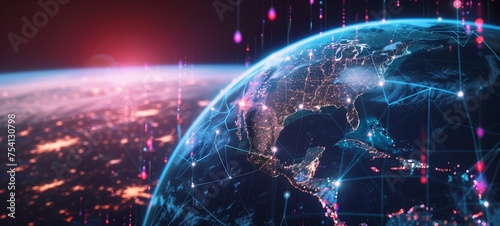 Futuristic concept of global connectivity with a digital globe centered on the American continents. The illustration showcases a network of bright connections against a space-like background.