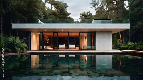 Modern architecture,  capsule style house with swimming pool concept built in nature and forest, background, wallpaper