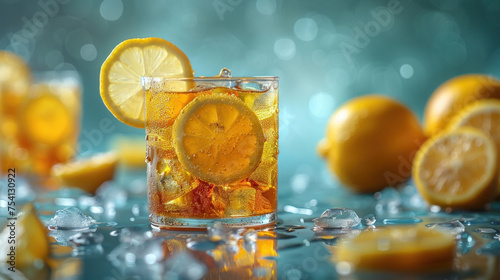 A summer cool lemon cold drink on a blue background.