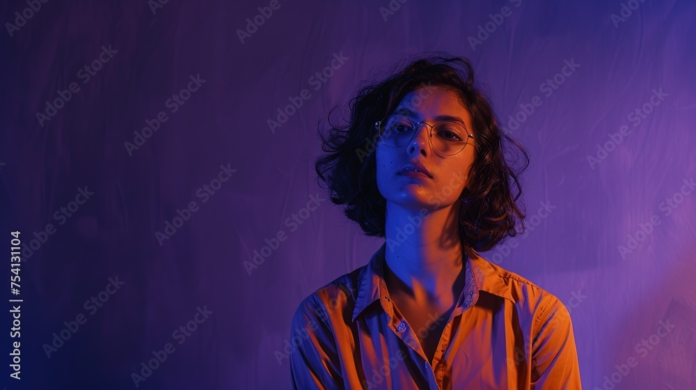 A casual portrait of a person wearing everyday clothes, standing against a deep purple background with a hint of mystery, real photo, stock photography A casual portrait of a person wearing everyday clothes, standing against a deep purple background with a hint of mystery, real photo, stock photography