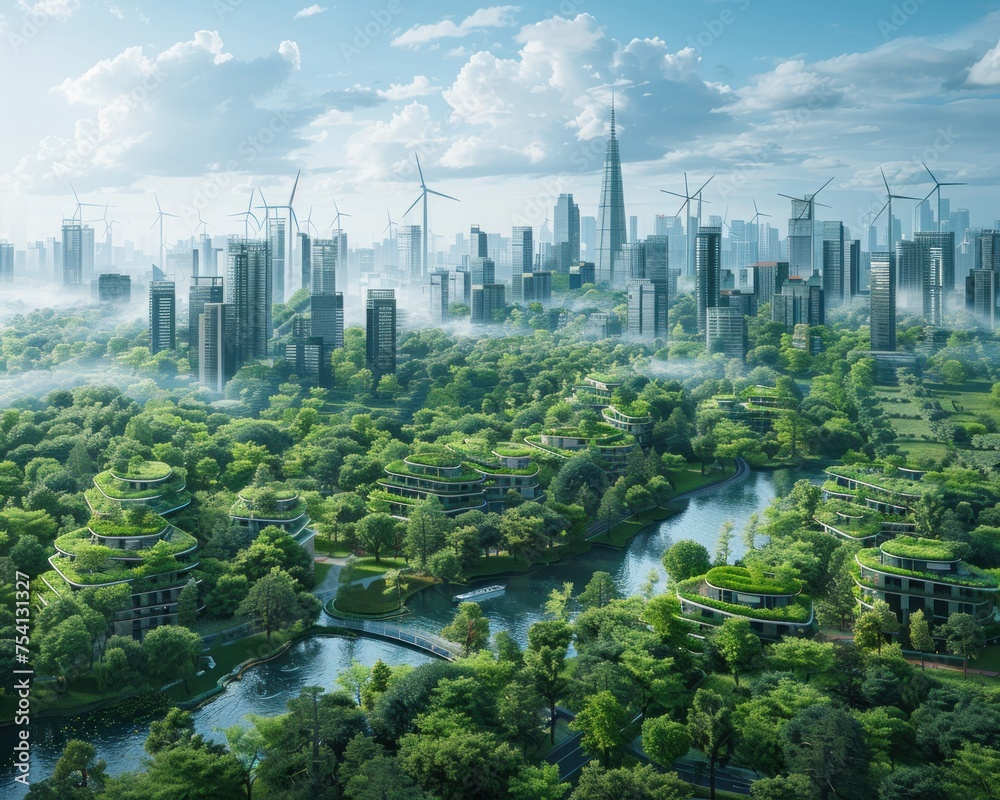 A city with a lot of green trees and buildings