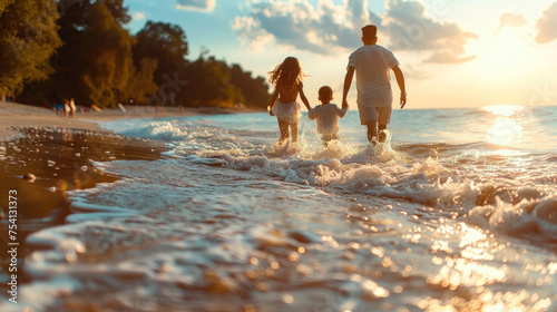 Dady and Mom run along the beach with their children on summer vacation, Family concept.