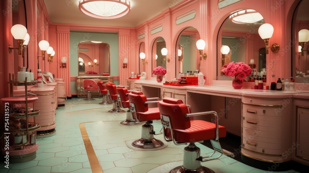 Inner view of large beauty saloon in pink color, romantic and elegant