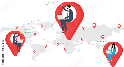 People from all over the world, remote job or distance work concept, businessman working remotely with computer laptop on location map pin

