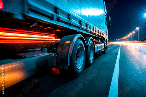 auto transportation logistics. large truck speeds along a highway at night, illuminated by bright streetlights, efficiency and speed of modern logistics and freight transportation