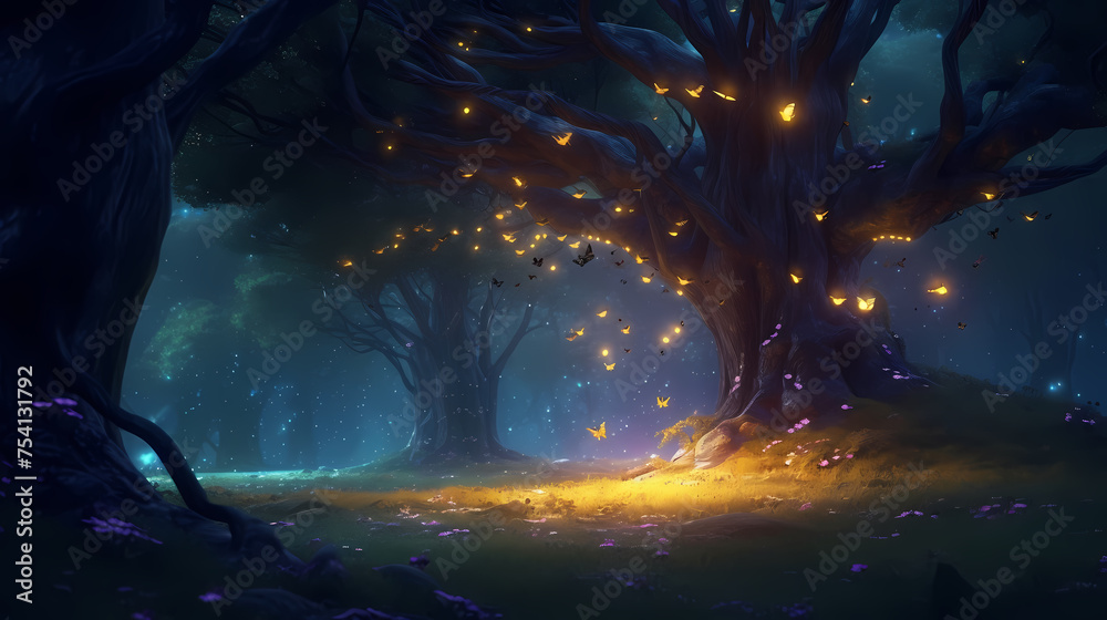 Fototapeta premium A magical and mysterious atmosphere like a fairy tale, the leaves are bathed in a dreamy light