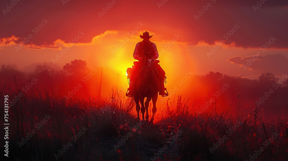 Fototapeta premium Silhouette of a cowboy riding a horse at sunset.