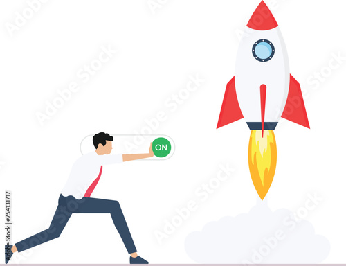Starting a new business project. Development process. Product innovation, creative ideas. Starting launch, Startup business, businessman push setting button switch to on position

