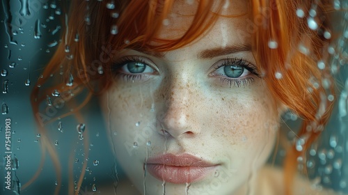 A ginger-haired woman staring out of a rain-streaked window with a deep sense of pessimism, real photo, stock photography ai generative