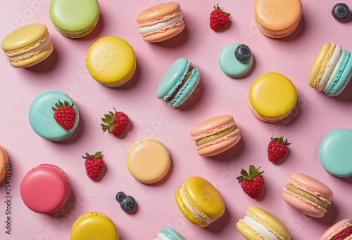 Different colorful macarons cookies decorated with berries on a pink background