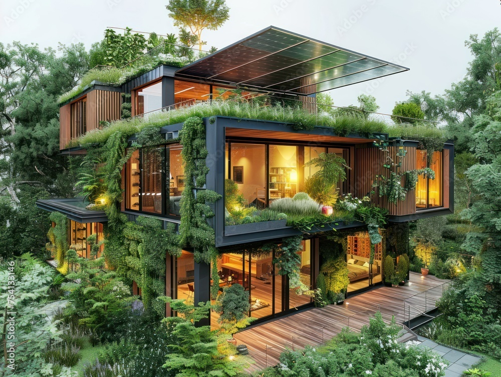 A large house with a green roof and a lot of plants. The house has a lot of windows and a balcony