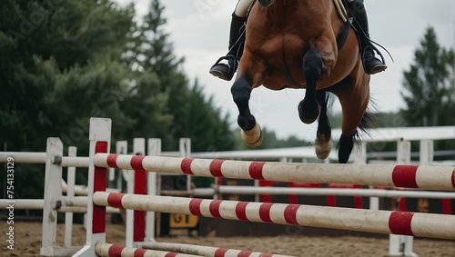 A close-up photo of a horse jumping over barriers in the ring. Sports