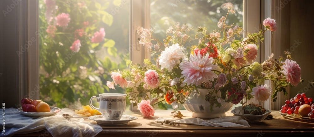 A vase filled with a colorful bouquet of flowers sits on top of a window sill, illuminated by natural light coming in. The flowers add a pop of color to the space. A vase filled with a colorful bouquet of flowers sits on top of a window sill, illuminated by natural light coming in. The flowers add a pop of color to the space.