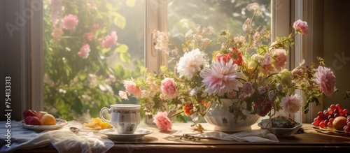 A vase filled with a colorful bouquet of flowers sits on top of a window sill  illuminated by natural light coming in. The flowers add a pop of color to the space.