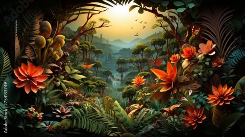 Realistic paper cut rainforest  biodiversity  lush greenery