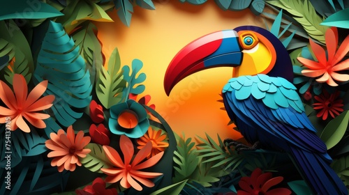 Realistic paper cut toucan in a tropical forest  colorful and bright