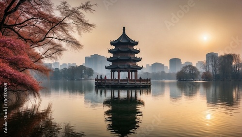 reflection of pagoda in the lake at sunset